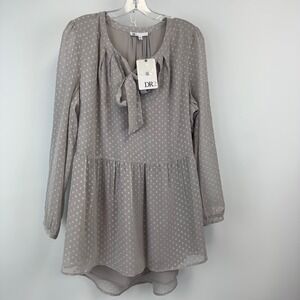 DR2 Dress Women Large Gray Swiss Dot Tie Neck Long Sleeve Babydoll NWT